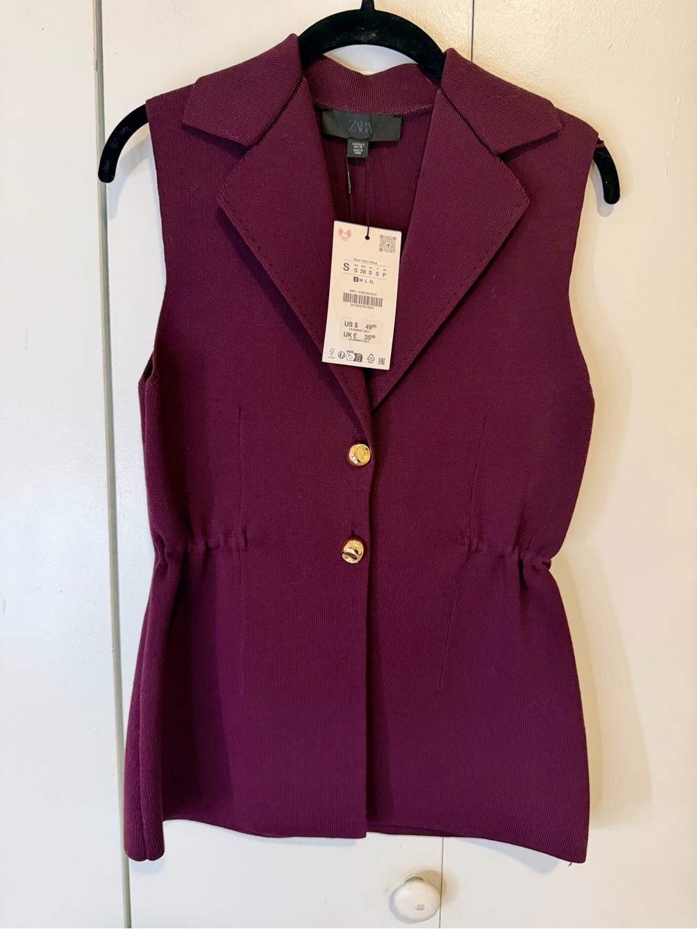 Zara Plum Sleeveless Blazer Vest with Gold Buttons